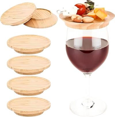 Set van 6 stuks, wijnglas deksels voor koude hapjes, houten bekerdeksels, ideaal voor feestjes en borrels