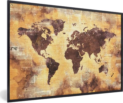 Poster in lijst - Fotolijst 90x60 cm - Posters - Wereldkaart - Glitter - Goud - Posterlijst zwart - Decoratie - Wanddecoratie woonkamer - Muurdecoratie slaapkamer