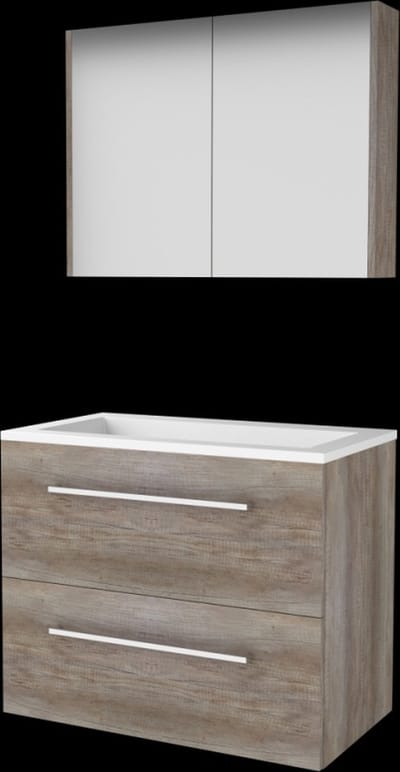 Basic Comfort 46 badmeubelset met spiegelkast, wastafelonderkast met grepen, 2 lades en acryl wastafel zonder kraangaten 80 x 46 cm, scotch oak