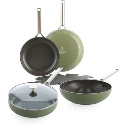 BK Sublime Pannenset 6-delig - 24/28cm - 3.7/4.2L - Panbeschermers - PFAS-vrije antikleeflaag - Pannenset inductie - Keramische pan - Ovenbestendig tot 220°C - Hapjespan 28cm met deksel - Met panbeschermers - Olijfgroen