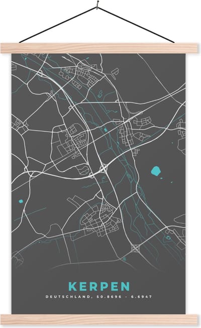 Posterhanger incl. Poster 40x60 cm - Schoolplaat - Duitsland – Blauw – Kerpen – Stadskaart – Kaart – Plattegrond - Textielposter - Blanke latten - Stadskaart
