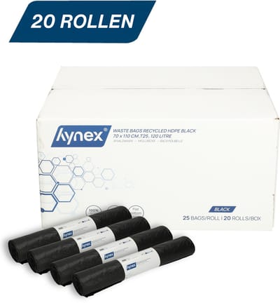Hynex Vuilniszak 120 Liter - 500 stuks - Afvalzakken - Gerecycled HDPE - 70 x 110 cm - 20 rollen x 25 stuks - Zwart