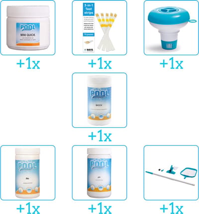 Zwembad Onderhoudspakket - Onderhoud Zwembad - bevat Chloor - Testrips - Chloordrijver - Chloor - PH-min - PH-plus en Schoonmaakset (7-delig)