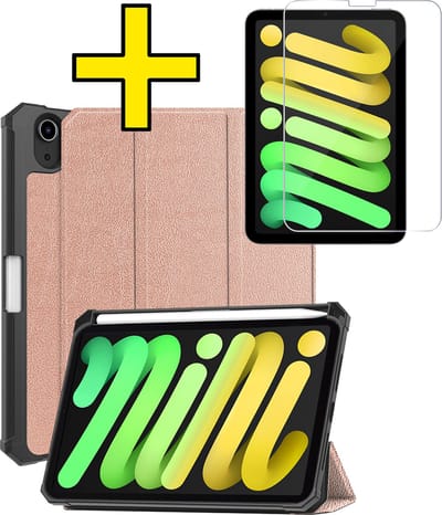 Hoes - Geschikt voor Apple iPad Mini 7 (2024) - 8.3 inch - 7e Generatie - Met Screenprotector - Trifold Bookcase - Hard Cover Case - Met Uitsparing Geschikt voor Apple Pencil - Hardcover Book - Tablet Hoesje - Rosé goud