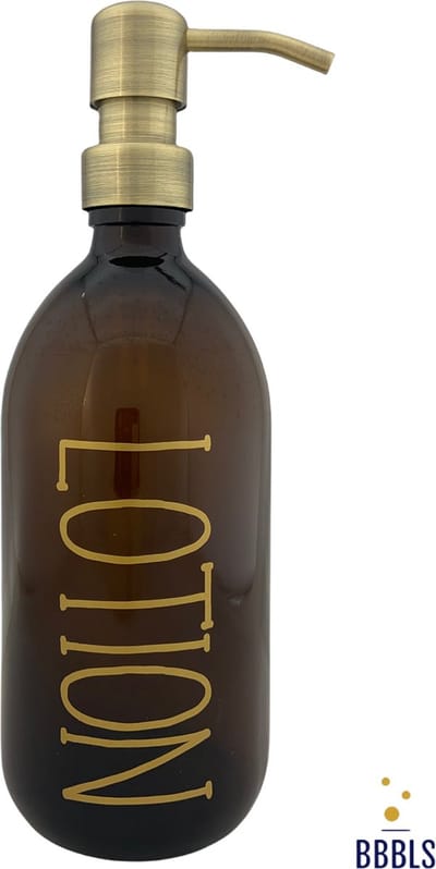 BBBLS® Design Dispenser "Lotion" | Bruin Glas | 500ml | RVS / Metaal Pomp Goud | Zeeppomp | Zeepdispenser | Zeephouder