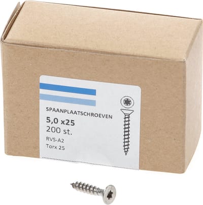 Hoenderdaal Spaanplaatschroef RVS platverzonken kop TX25 voldraad 5.0X25 (per 200 stuks)