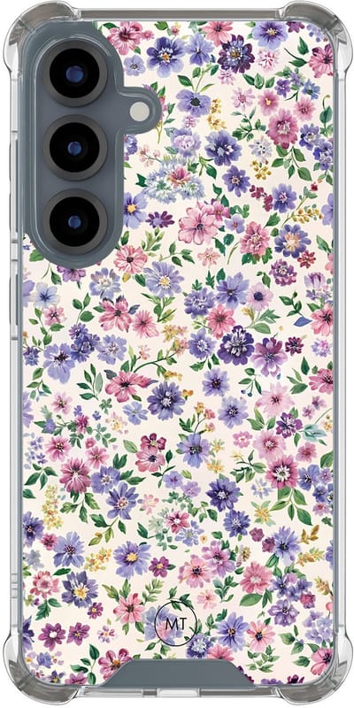 Hoesje (shockproof) geschikt voor Samsung Galaxy S25 - Paarse bloemen - Extra sterke case - TPU/polycarbonaat - Bloemen - Paars, Transparant