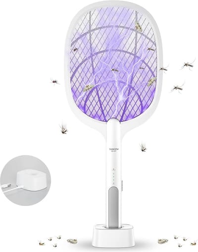Elektrische Vliegenmepper 2 in 1 - 4000V USB Oplaadbaar Met Oplaadbasis - Insectendoder Voor Muggen en Vliegen