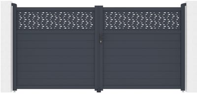 Vente-unique Vleugelpoort in aluminium met deels motieven L355 x H180 cm donkergrijs - BAZIO