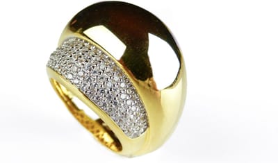 Brede ring in zilver geelgoud verguld gezet met cubic zirkonia