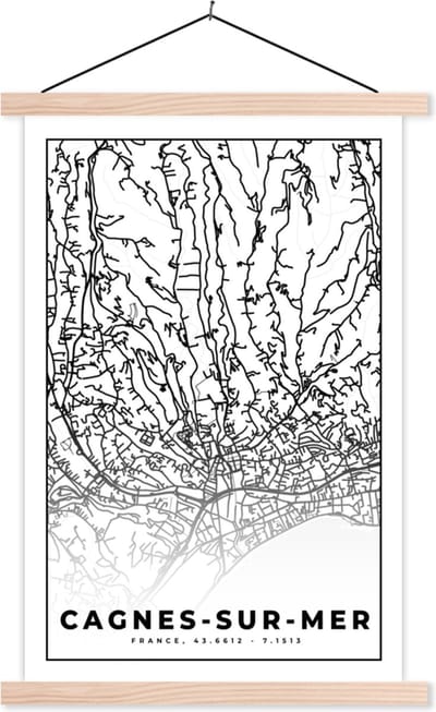 Posterhanger incl. Poster 40x60 cm - Schoolplaat - Cagnes-sur-Mer - Frankrijk - Plattegrond - Stadskaart - Kaart - Zwart wit - Textielposter - Blanke latten - Stadskaart