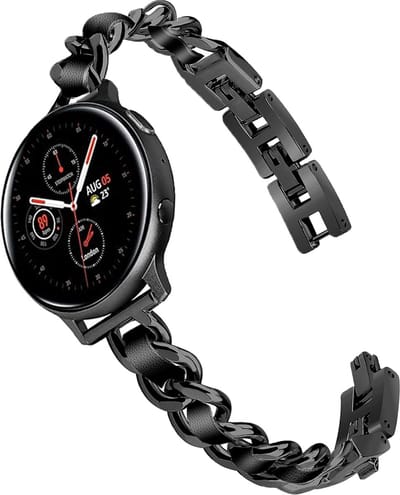 Stravo Lederen en Metalen Horlogebandje 20mm –Zwart/Zwart – Denim Kettingontwerp Leren Smartwatch Bandje – Geschikt voor Samsung Galaxy Watch 7 / 6 / 5 / 5 Pro / 4 / 3 / Active 2 – Polar Ignite / Unite – Huawei – Leer