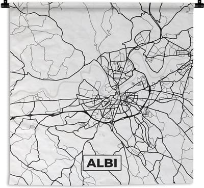Wandkleed - Wanddoek - Plattegrond - Albi - Kaart - Frankrijk - Stadskaart - Zwart wit - 180x180 cm - Wandtapijt