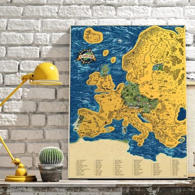 Grote kras Europa kaart Deluxe XL - handgeschilderd met monumenten (90x66cm)
