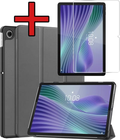 Hoesje - Geschikt voor Lenovo Tab 10.1 inch - Met Screenprotector - Hardcover Book Case - Trifold Bookcase Hoes - Hard Cover - Tablethoes - Grijs