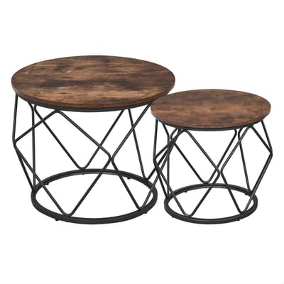Salontafel Set van 2 – Voor Woonkamer & Slaapkamer – Ronde Bijzettafels met Metalen Frame – Rustiek Bruin