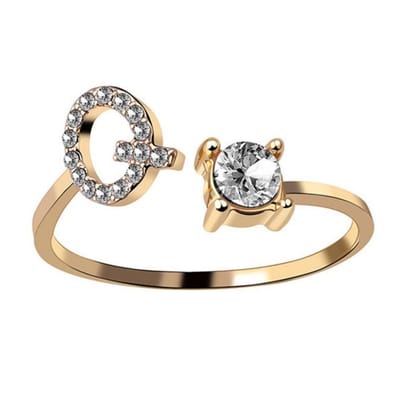 Ring Met Letter - Ring Met Steen - Letter Ring - Ring Letter - Initial Ring - (Zilver 925) Gold-Plated Letter Q - Cadeautje voor haar