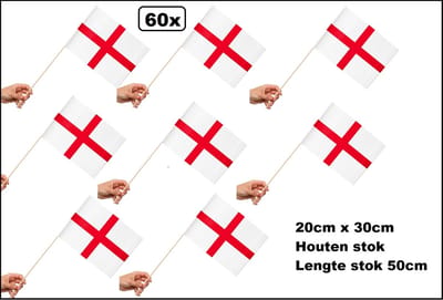 60x Luxe Zwaaivlaggetjes op stok Engeland 20cm x 30cm - lengte stok 50cm - Zwaai vlaggetjes EK WK thema feest voetbal festival uitdeel