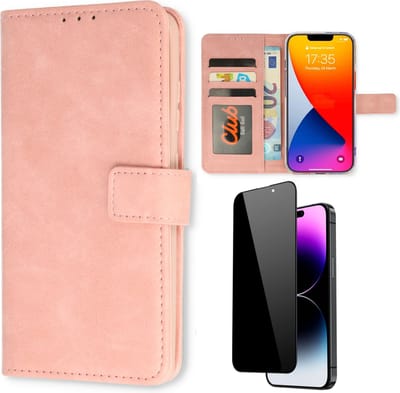 Casemania Hoesje Geschikt voor Apple iPhone 15 Baby Roze & Privacy Screenprotector- Portemonnee Book Case - Kaarthouder & Magneetlipje