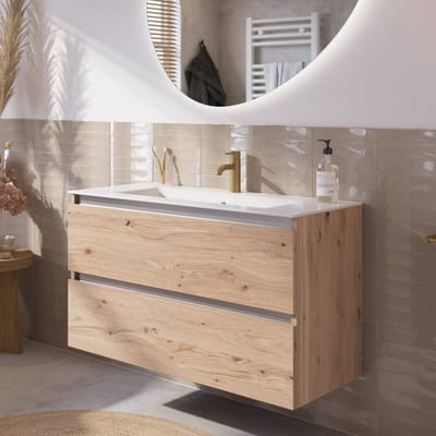 Saqu Gaia badmeubel incl. glans witte keramische wastafel 100x46x61cm naturel eiken – aluminium greeplijst
