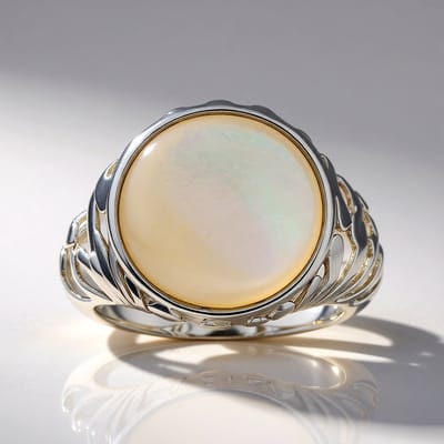 Cavill - Zilveren ring 925 Sterling Zilver Geplatineerd - Ronde Parelmoer Steen 15 mm - Elegante Damesring - Tijdloos Design 24x23 mm