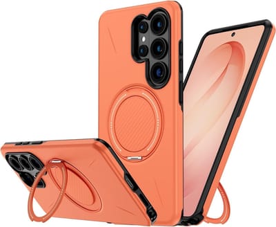 Schokbestendige beschermhoes voor Samsung Galaxy S26 Ultra, 360 graden draaibaar, militaire bescherming, oranje kleur, MagSafe compatibel