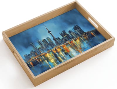 Dienblad hout 40x30 cm - Schootdienblad - Skyline Toronto - Water - Stadslichten - Toren - Borrelplank rechthoek - Plateau dienbladen