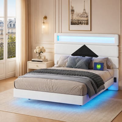 Tweepersoonsbed 140x190 cm met ledverlichting en 2 USB-poorten, Gestoffeerd met lattenbodem en verstelbaar hoofdeinde, bedframe voor 2 personen, fluweel Wit