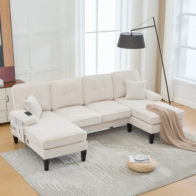 MIVRAY U-bank 250 x 130 x 88 cm - 4-Zits Met Twee Chaise Longues, USB en Type-C, Opbergtassen - Woonkamer - Linnen Beige