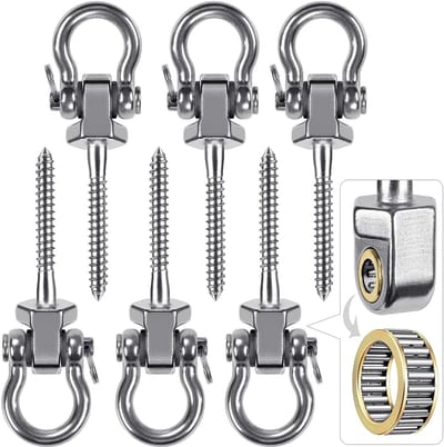 Dailygoods- Bevestigingsschroeven 6 Stuks - Draaibare Montageset - Roestvrij Staal - Voor Hangmat/Hangstoel - Tot 1500 lbs - Geschikt voor Binnen/Buiten - Schommelhangers