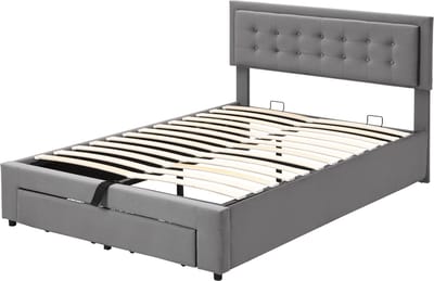 COVREO Bed 140x200 cm grijs, stof met lades en verstelbaar hoofdeinde