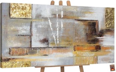 Canvas schilderij groot handgeschilderd gouden abstractie met goudaccenten – YS-Art Gallery – Luxe wanddecoratie voor woonkamer – Modern schilderij voor slaapkamer en kantoor
