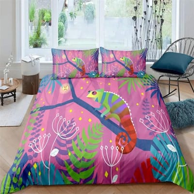 Hagedis Dekbedovertrek Set Reptiel Beddengoed Sets King Size voor Jongens Meisjes Pad Tropisch Dier Paars Bloemen Exotisch Dekbedovertrek 155x220cm 3pcs