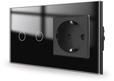 Touch lichtschakelaar met stopcontact, inbouw 2-voudig zwart, glazen paneel met led