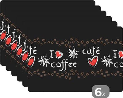 Placemat - Placemats kunststof - Koffie - Patronen - Love - 45x30 cm - 6 stuks - Hittebestendig - Anti-Slip - Onderlegger - Afneembaar