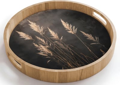 Dienblad rond 40x40 cm - Schootdienblad hout - Siergras - Pluimen - Verlichting - Zwart - Borrelplank rechthoek - Plateau houten dienbladen