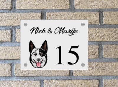 Naambordje / huisnummer voordeur hond Australian cattle dog wit