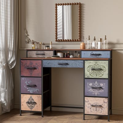 Mila Shop Kaptafel - 9 Lades - Opbergkist - Vintage - Houten look - Zwart metalen frame - Multi kleuren - 121x40x91.2cm