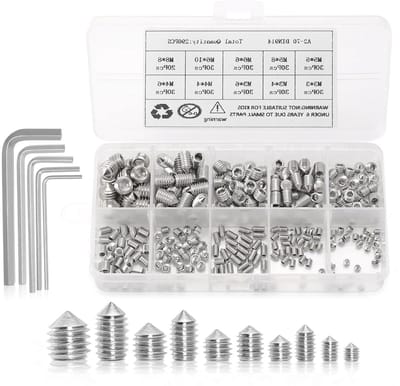 Assortiment van 290 roestvrijstalen conische schroeven met metrische schroefdraad en inbus, M3 M4 M5 M6 M8 met 5 inbussleutels voor diverse toepassingen