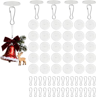 Dailygoods - Generisch 30 stuks plafondhaken, zelfklevend, groot, 30 mm, plakhaken, transparant, zonder boren, met vlaggenmastclips, wandhaken, plafondhaken voor keuken, badkamer, slaapkamer, muur, Kerstmis