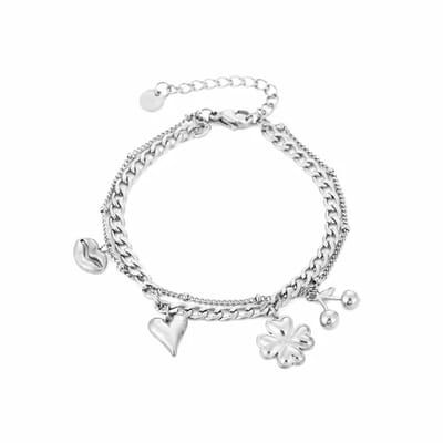 Bedelarmband - charms bedels - zilver - stainless steel sieraad - kers hart klaver lippen
