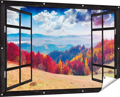 Gards Tuinposter Doorkijk Kleurrijke Herfstbos met Heuvellandschap - 150x100 cm - Tuindoek - Tuindecoratie - Wanddecoratie buiten - Tuinschilderij