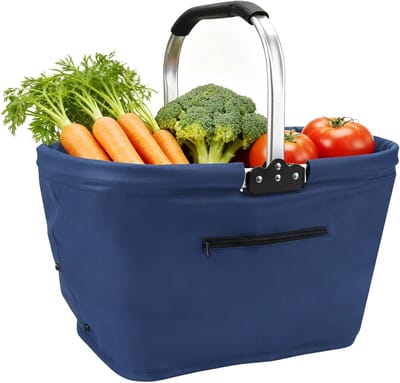 boodschappenmand, 35 liter, draagmand, picknickmand met gevoerde handgrepen, praktische klapmand, boodschappentas met aluminium frame, waterafstotende boodschappenmand voor reizen, picknick