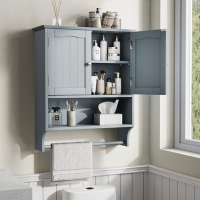 MODENUIT Badkamerkast - Wandkast Met 2 Deuren En Handdoekhouder - Voor Badkamer - Lichtgrijs MDF - 56,8x19x70 cm