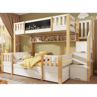 ModernLuxe Stapelbed 90x200cm + 140x200cm - met schoolbord - met 1 lade en een trap met opbergruimte - Massief hout + MDF - Wit + Natuur