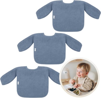 Funnies Slab met Mouwen 3-Pack Grey Blue - Set van 3 Zachte Slabbetjes voor Baby’s - 100% Katoenen Badstof - Makkelijk Wasbaar in de Wasmachine - Slabbetjes, Kwijlslab, Eet- en Speelslab - Ideaal voor Eten, Knutselen en Spelen