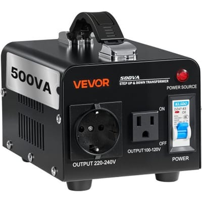 VEVOR 500VA Step-Up/Step-Down Transformator, 110V naar 220V & 220V naar 110V Spanningsomvormer met US/EU stopcontact, netsnoer, stroomonderbreker