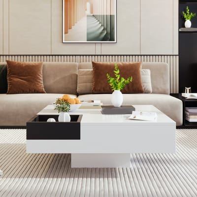 DESMIU Salontafel - Hoogglans Contrasterend Design Met Mobiele Opbergbox En Ledverlichting - Voor Woonkamer - Spaanplaat - Wit En Zwart - 72x72x30 Cm