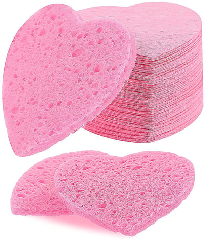 Dailygoods - Gezichtsspons, 55 stuks, hartvormige, gecomprimeerde gezichtssponzen, roze, herbruikbare natuurlijke reinigingssponzen voor beauty, spa, gezichtsreiniging, make-up remover
