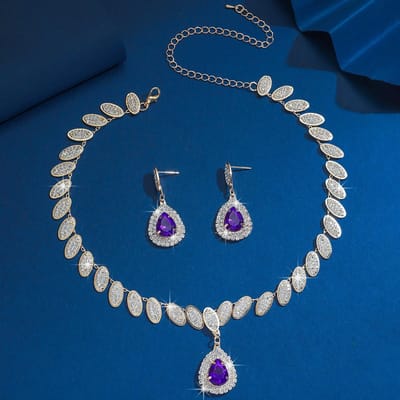 Ensemble Collier et Boucles d'Oreilles Mode Femme 3 Pièces Chaîne Griffe Incrustée de Cuivre Goutte d'Eau Étoile Convient pour Mariage, Fête, Festival Cadeau blue